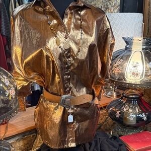 Sprouts Vintage Shiny Metallic Gold Blouse Size Medium But Fits Up To XL